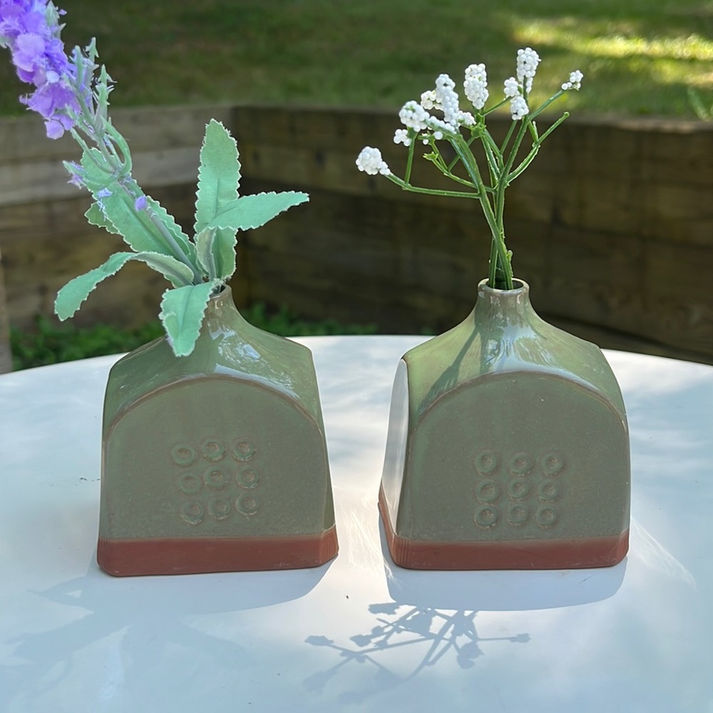 1970's Takahashi Bud Vases Set of 2 Green glazed and made in Japan 3" Tall